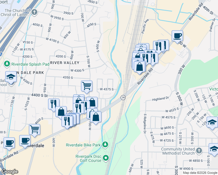 map of restaurants, bars, coffee shops, grocery stores, and more near 4375 South Weber River Drive in Riverdale