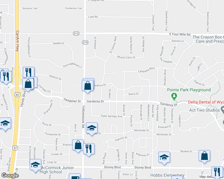 map of restaurants, bars, coffee shops, grocery stores, and more near 7135 Volar Drive in Cheyenne