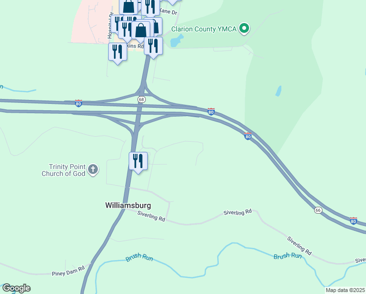 map of restaurants, bars, coffee shops, grocery stores, and more near 330 North Point Drive in Clarion