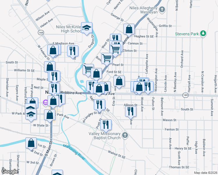 map of restaurants, bars, coffee shops, grocery stores, and more near 122 Leslie Avenue in Niles