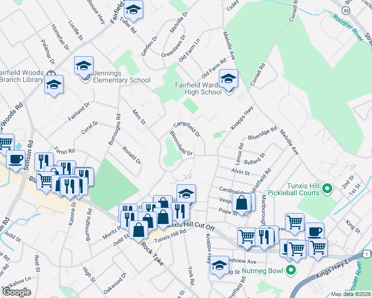 map of restaurants, bars, coffee shops, grocery stores, and more near 8 Bloomfield Drive in Fairfield