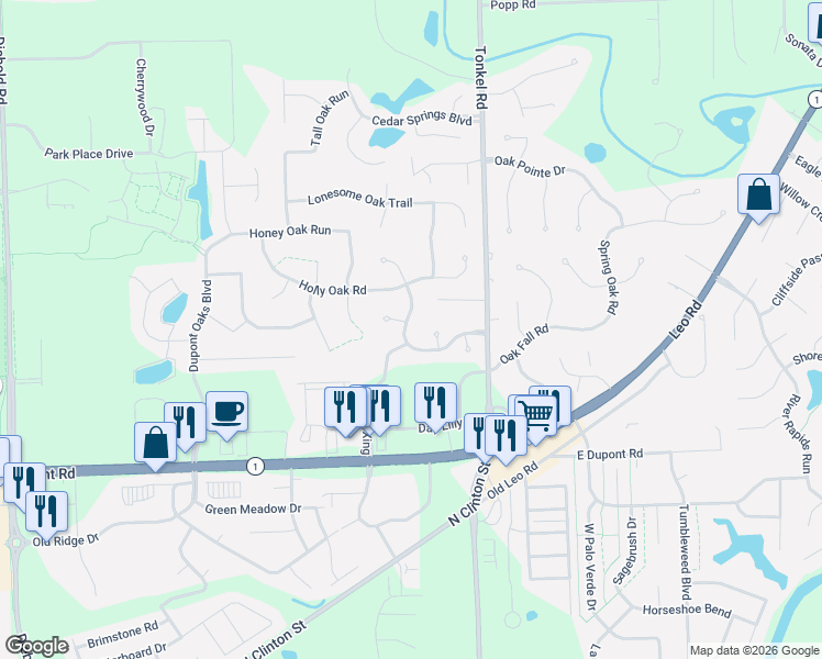 map of restaurants, bars, coffee shops, grocery stores, and more near 10877-10923 Brandy Oak Run in Fort Wayne