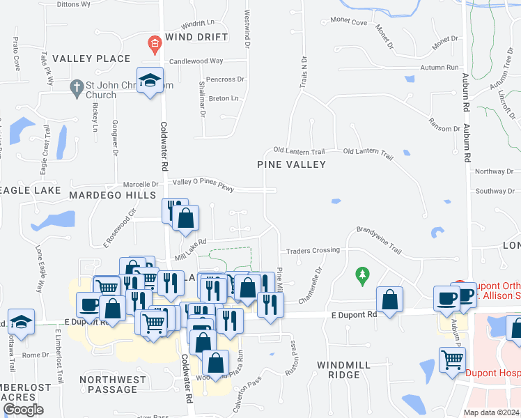 map of restaurants, bars, coffee shops, grocery stores, and more near 10919 Pine Mills Road in Fort Wayne