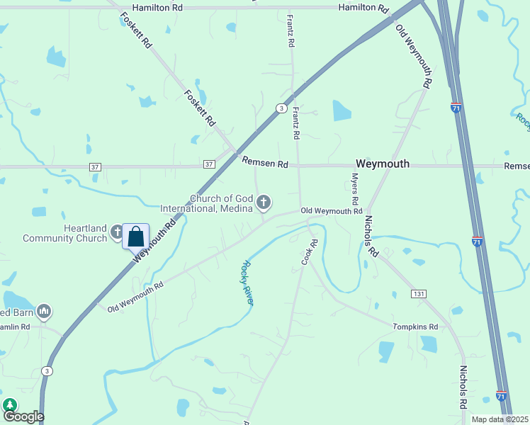 map of restaurants, bars, coffee shops, grocery stores, and more near 3398 South Weymouth Road in Medina