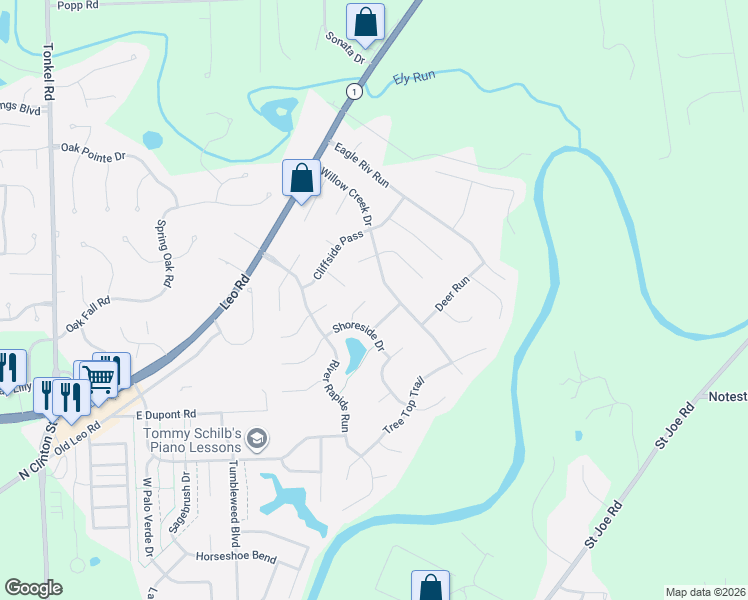 map of restaurants, bars, coffee shops, grocery stores, and more near 10805 Willow Creek Dr in Fort Wayne