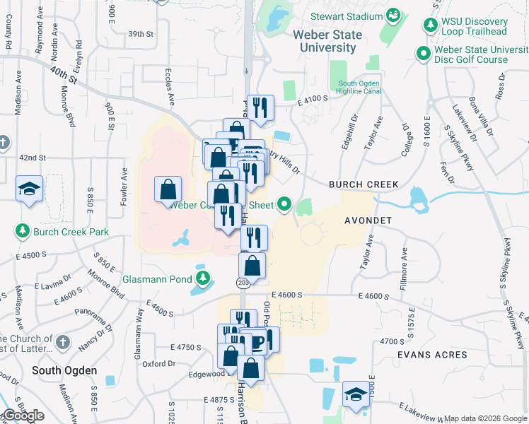 map of restaurants, bars, coffee shops, grocery stores, and more near 4380 Harrison Boulevard in Ogden
