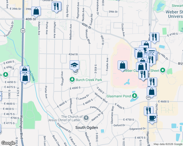 map of restaurants, bars, coffee shops, grocery stores, and more near 4299 South 850 East in South Ogden