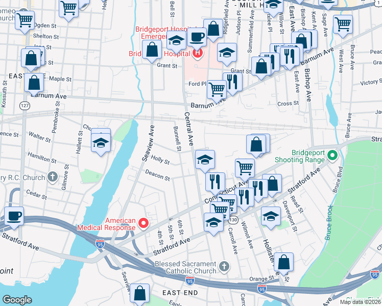 map of restaurants, bars, coffee shops, grocery stores, and more near 1239 Central Avenue in Bridgeport