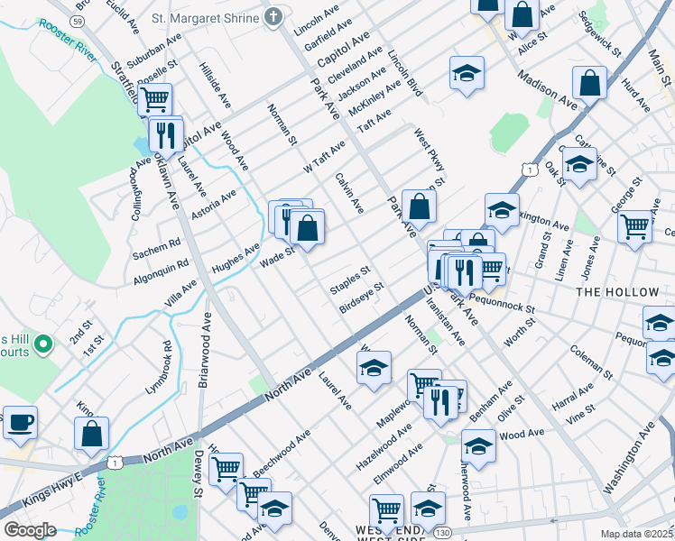 map of restaurants, bars, coffee shops, grocery stores, and more near 204 Eaton Street in Bridgeport