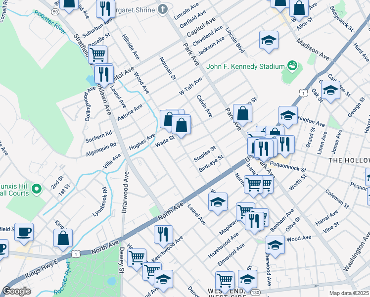 map of restaurants, bars, coffee shops, grocery stores, and more near 909 Wood Avenue in Bridgeport
