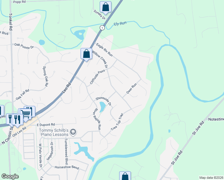 map of restaurants, bars, coffee shops, grocery stores, and more near 10805 Willow Creek Dr in Fort Wayne