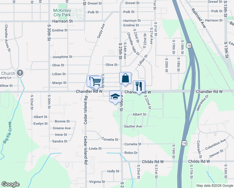 map of restaurants, bars, coffee shops, grocery stores, and more near 2514 Chandler Road West in Bellevue