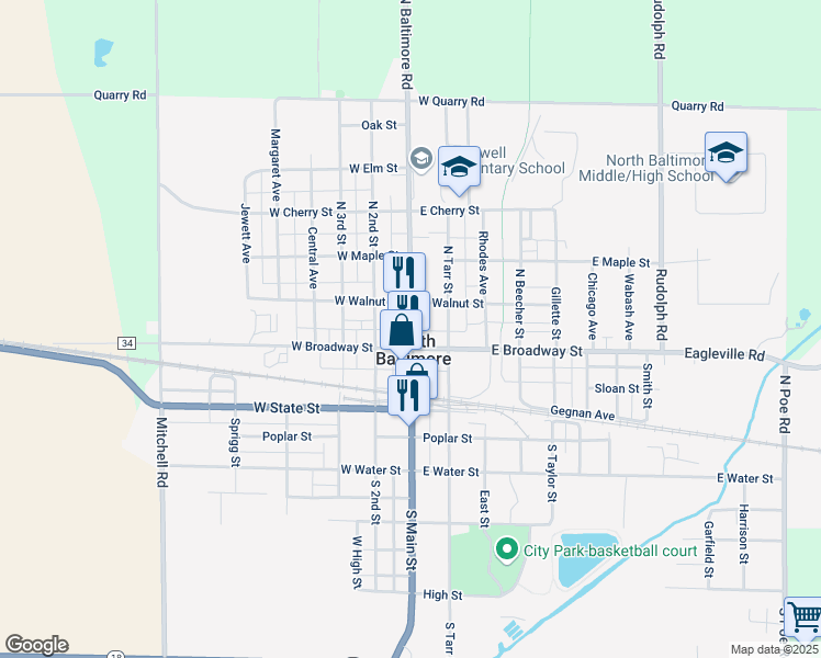 map of restaurants, bars, coffee shops, grocery stores, and more near 207 North Main Street in North Baltimore