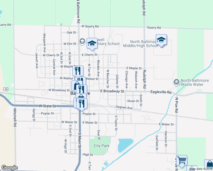 map of restaurants, bars, coffee shops, grocery stores, and more near 315 East Walnut Street in North Baltimore
