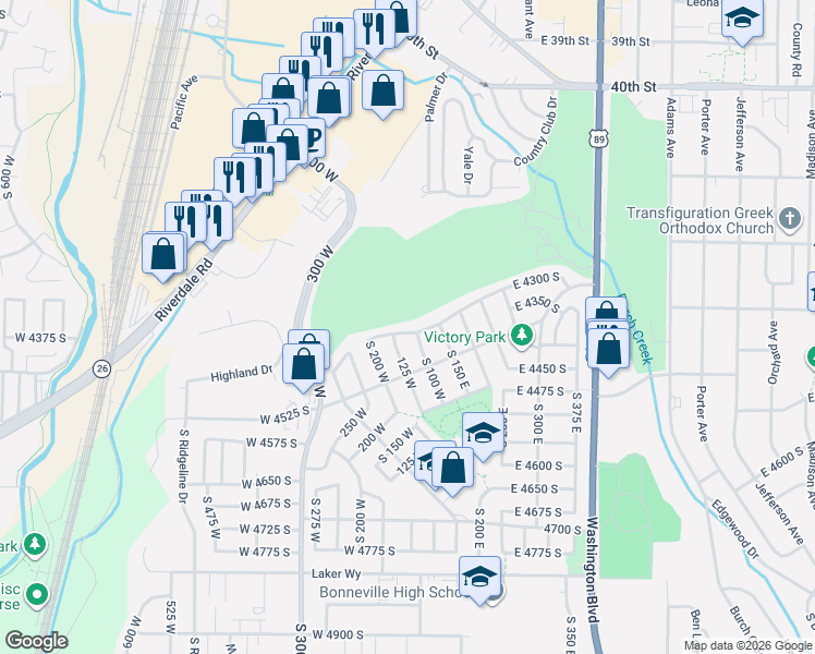 map of restaurants, bars, coffee shops, grocery stores, and more near 108 West 4300 South in Ogden