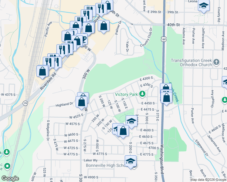 map of restaurants, bars, coffee shops, grocery stores, and more near 80 West 4300 South in Ogden