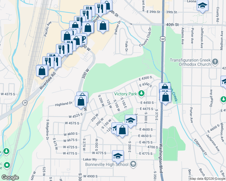 map of restaurants, bars, coffee shops, grocery stores, and more near 80 West 4300 South in Ogden