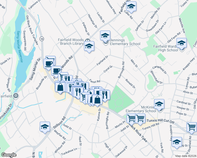 map of restaurants, bars, coffee shops, grocery stores, and more near 30 Coral Drive in Fairfield