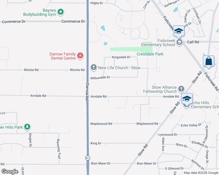 map of restaurants, bars, coffee shops, grocery stores, and more near 1992 Willowdale Drive in Stow
