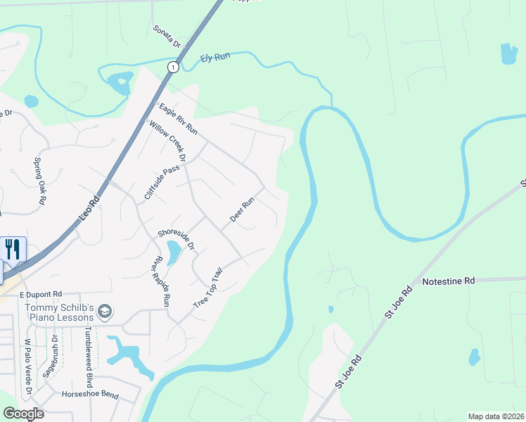 map of restaurants, bars, coffee shops, grocery stores, and more near 10623 River Rapids Court in Fort Wayne