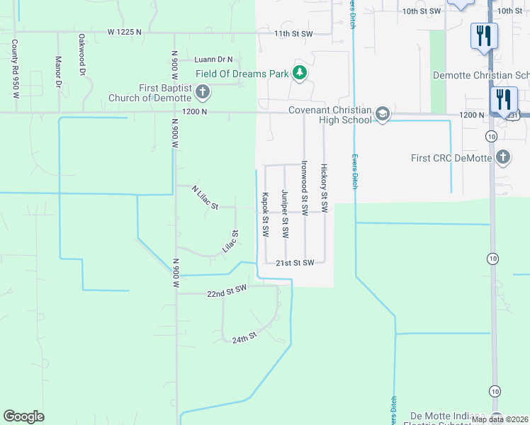 map of restaurants, bars, coffee shops, grocery stores, and more near 1818 Juniper St SW in De Motte