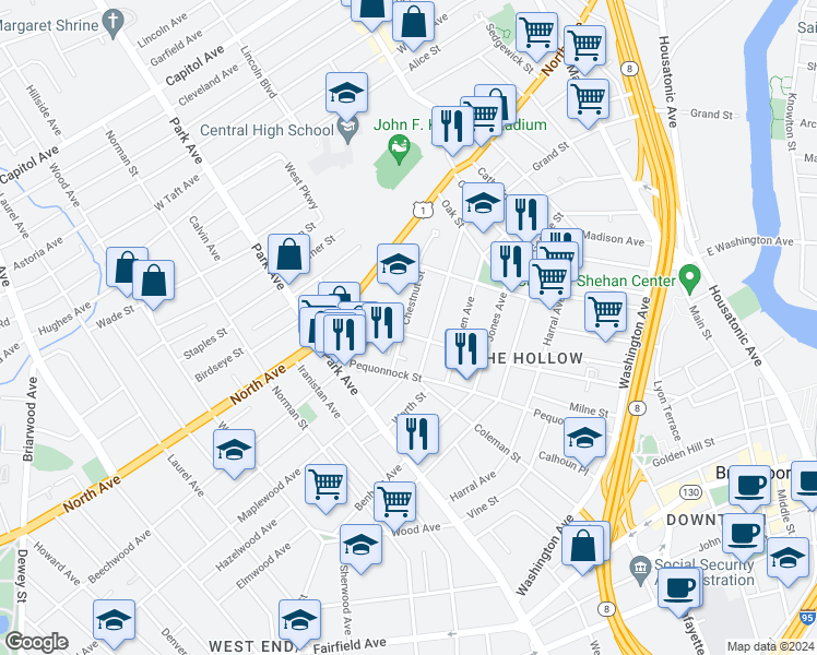 map of restaurants, bars, coffee shops, grocery stores, and more near 106 Chestnut Street in Bridgeport