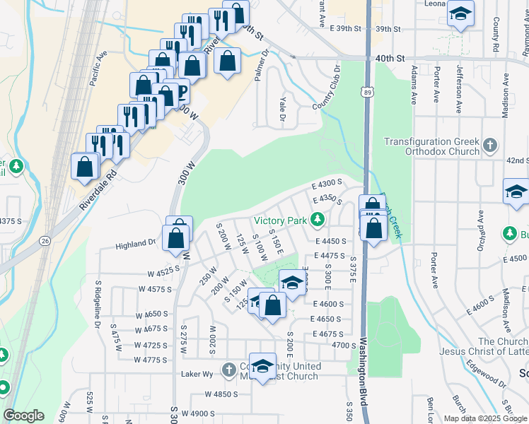 map of restaurants, bars, coffee shops, grocery stores, and more near 116 East 4300 South in Washington Terrace