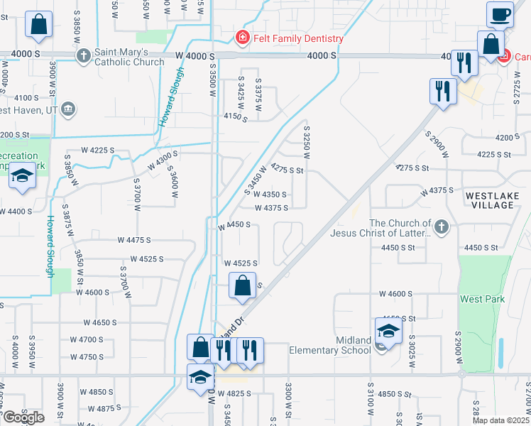 map of restaurants, bars, coffee shops, grocery stores, and more near 3373 West 4375 South in West Haven