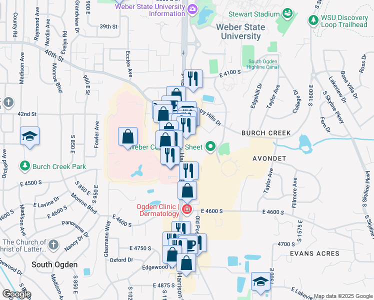 map of restaurants, bars, coffee shops, grocery stores, and more near 4380 Harrison Boulevard in Ogden