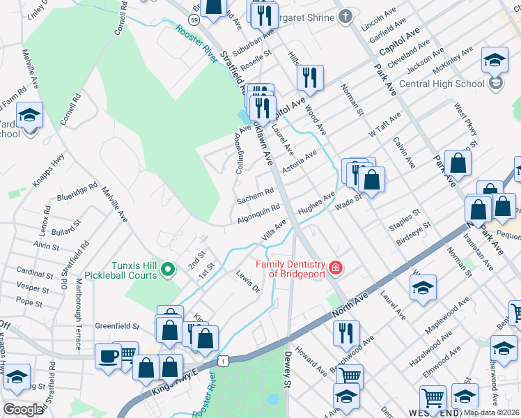 map of restaurants, bars, coffee shops, grocery stores, and more near 49 Sachem Road in Fairfield