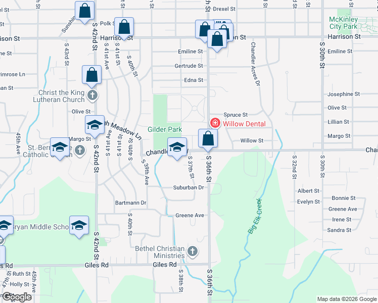 map of restaurants, bars, coffee shops, grocery stores, and more near 3705 Chandler Road West in Bellevue