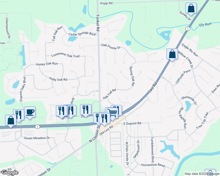 map of restaurants, bars, coffee shops, grocery stores, and more near 10824 Oak Fall Court in Fort Wayne