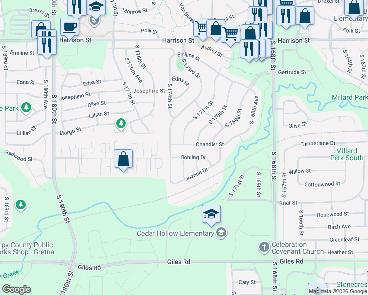 map of restaurants, bars, coffee shops, grocery stores, and more near 7521 South 173rd Street in Omaha