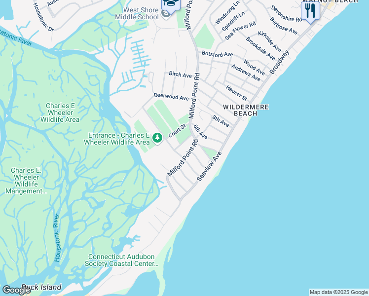 map of restaurants, bars, coffee shops, grocery stores, and more near 1 Stanley Street in Milford