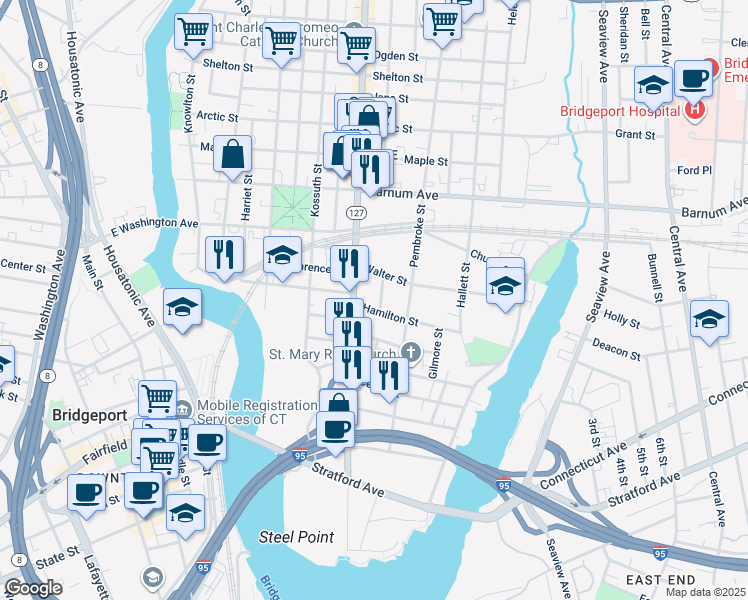 map of restaurants, bars, coffee shops, grocery stores, and more near 690 East Main Street in Bridgeport