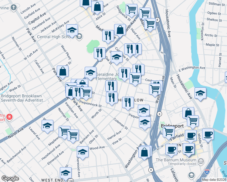 map of restaurants, bars, coffee shops, grocery stores, and more near 157 Jones Avenue in Bridgeport
