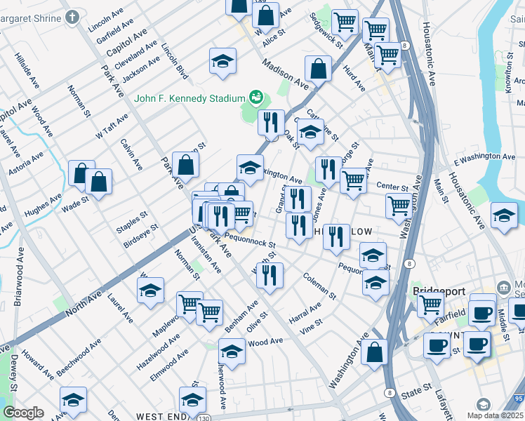 map of restaurants, bars, coffee shops, grocery stores, and more near 138a Chestnut Street in Bridgeport
