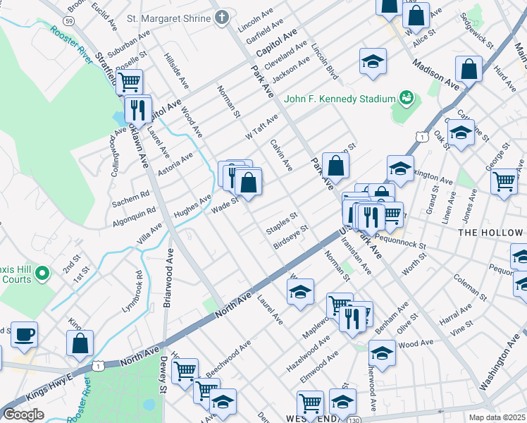 map of restaurants, bars, coffee shops, grocery stores, and more near 204 Eaton Street in Bridgeport