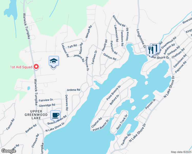 map of restaurants, bars, coffee shops, grocery stores, and more near 1 Hewitt Road in West Milford