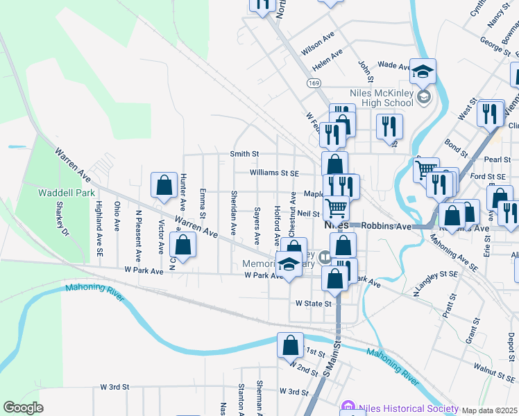 map of restaurants, bars, coffee shops, grocery stores, and more near 218 Sayers Avenue in Niles