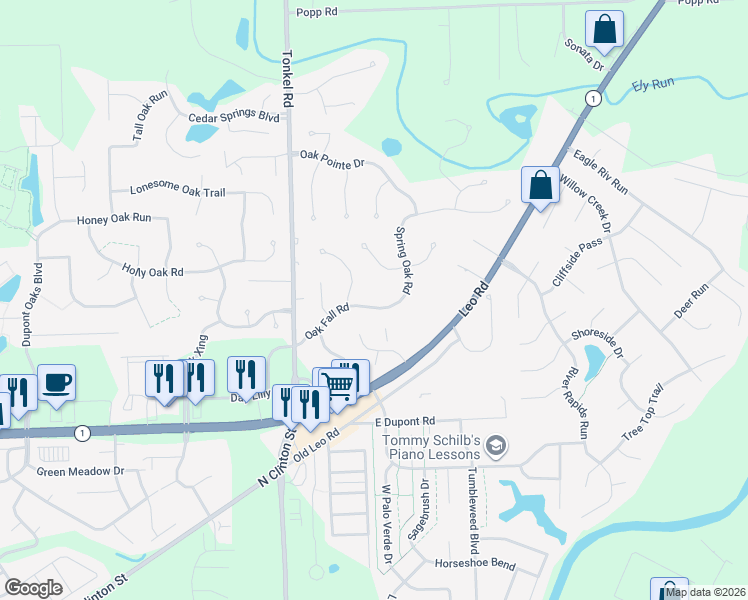 map of restaurants, bars, coffee shops, grocery stores, and more near 10816 Oak Wind Court in Fort Wayne