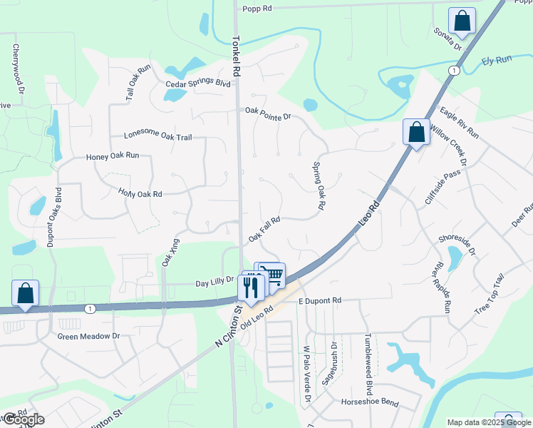 map of restaurants, bars, coffee shops, grocery stores, and more near 10824 Oak Fall Court in Fort Wayne