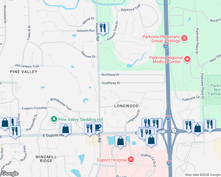map of restaurants, bars, coffee shops, grocery stores, and more near 2406 Southway Drive in Fort Wayne