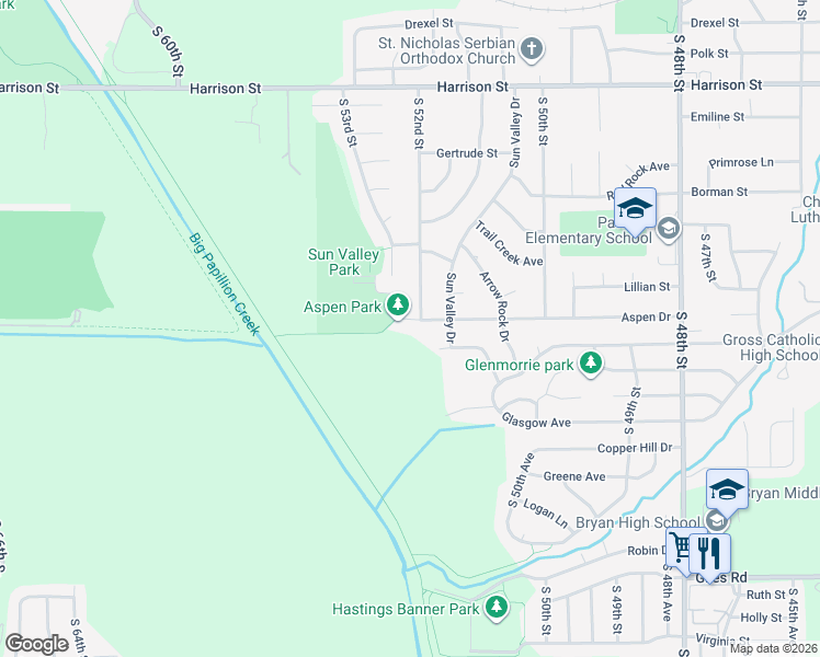 map of restaurants, bars, coffee shops, grocery stores, and more near 7610 South 52nd Street in Omaha