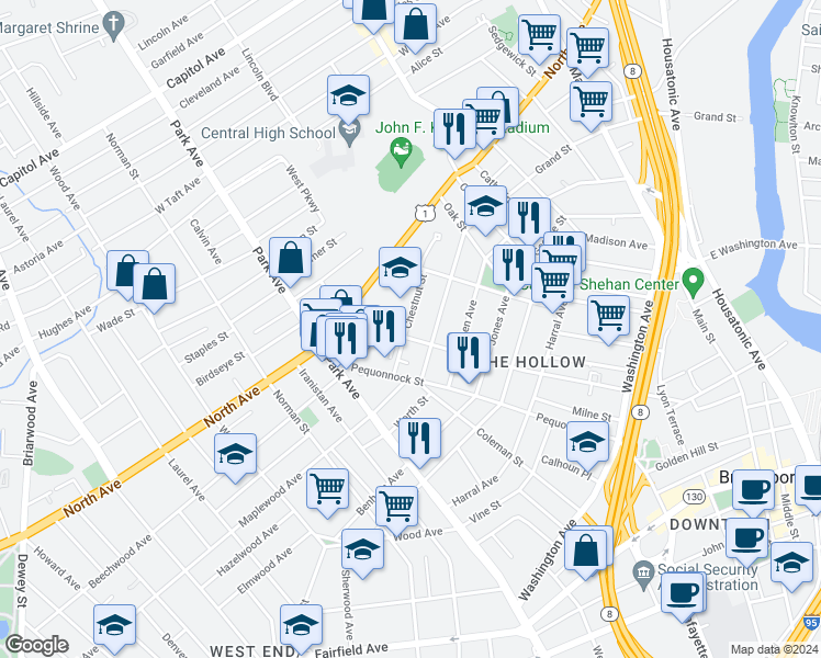 map of restaurants, bars, coffee shops, grocery stores, and more near 120 Chestnut Street in Bridgeport