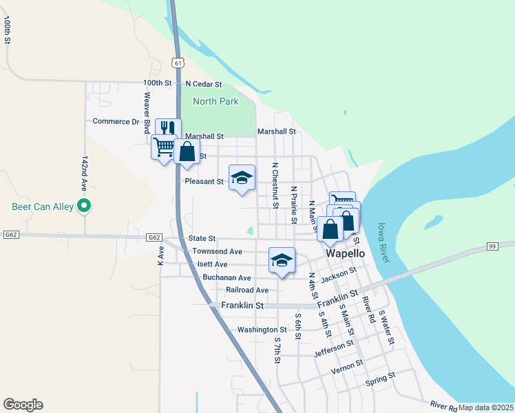 map of restaurants, bars, coffee shops, grocery stores, and more near 505 North Cedar Street in Wapello