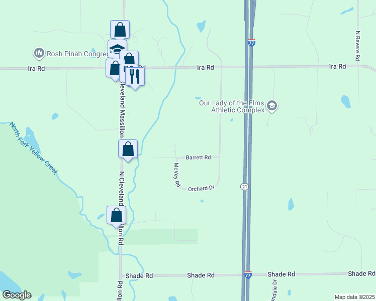 map of restaurants, bars, coffee shops, grocery stores, and more near 3401 Barrett Road in Akron