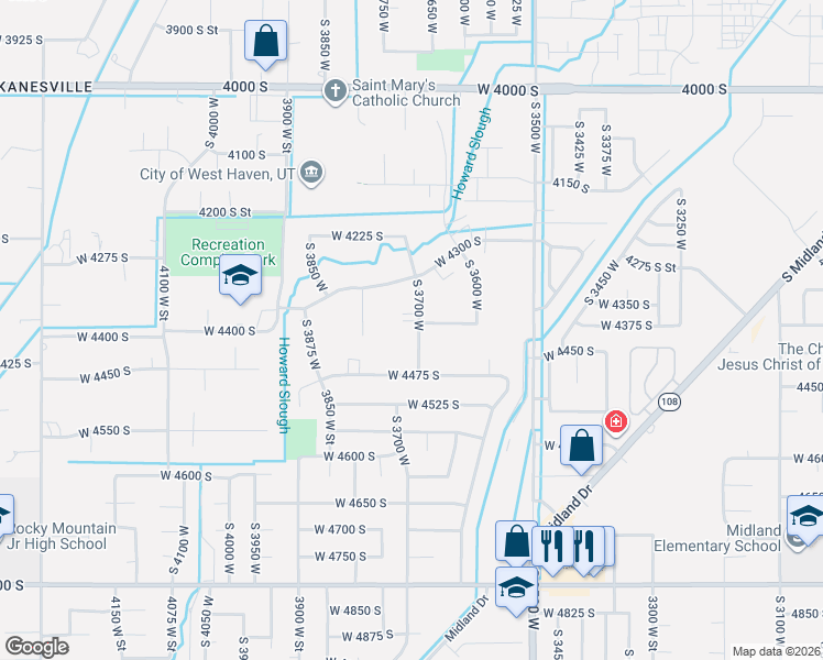 map of restaurants, bars, coffee shops, grocery stores, and more near 4381 South 3700 West in West Haven