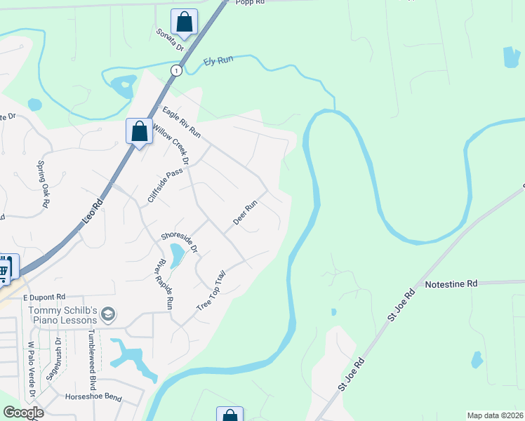 map of restaurants, bars, coffee shops, grocery stores, and more near 10623 River Rapids Ct in Fort Wayne