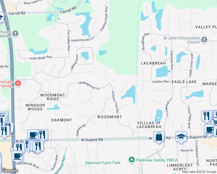 map of restaurants, bars, coffee shops, grocery stores, and more near 801 Rollingwood Lane in Fort Wayne